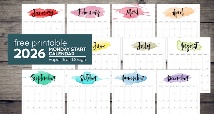 2026 Monday Start Watercolor Calendar