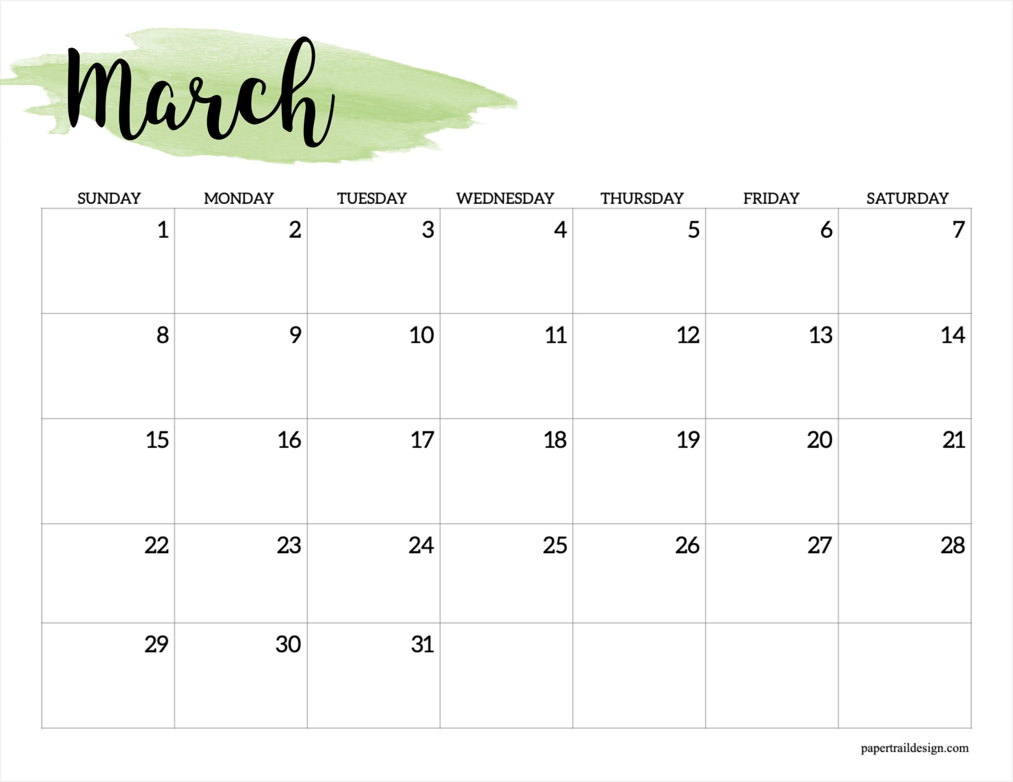 2026 Calendar Printable - Watercolor - Paper Trail Design