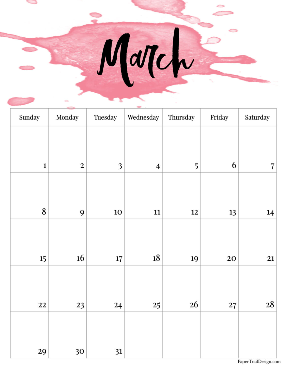2026 Printable Calendar -Watercolor - Paper Trail Design