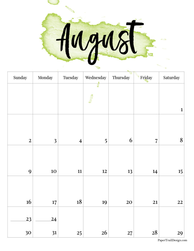 2026 Printable Calendar -Watercolor - Paper Trail Design
