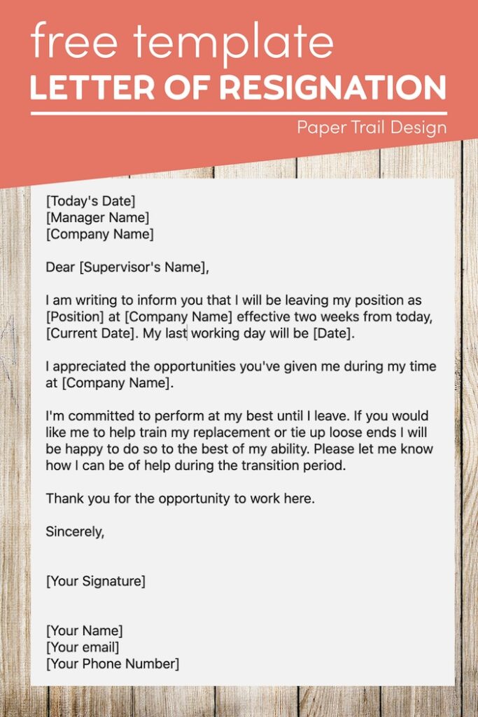 Professional letter of resignation template with text overlay- free template letter of resignation
