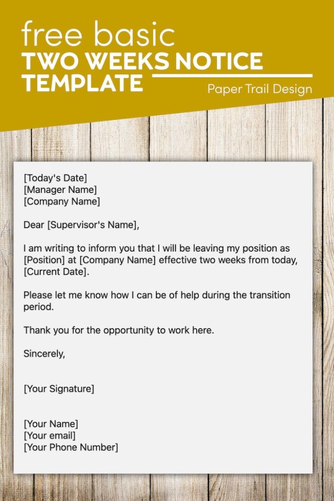 Letter of resignation with text overlay- free basic two weeks notice template