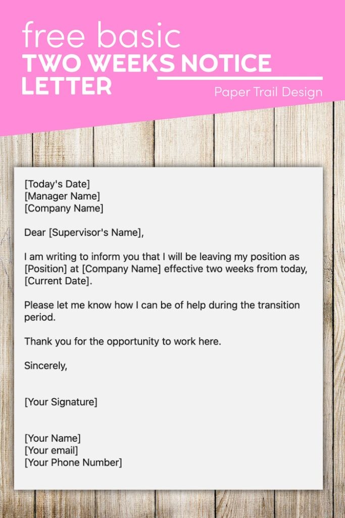 Simple two weeks' notice letter with text overlay- free basic two weeks notice letter