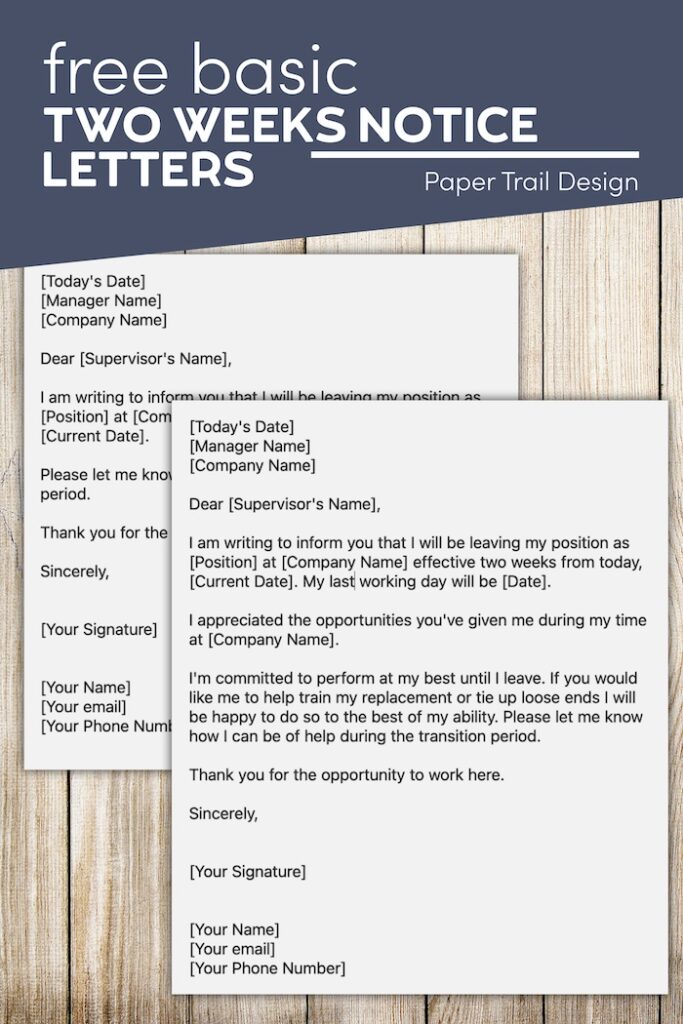 Two weeks' notice letters with text overlay- free basic two weeks notice letters