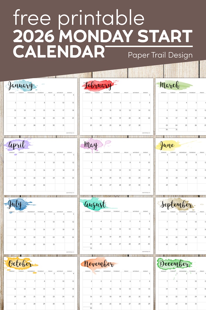 2026 Monday Start Calendar - Printable Watercolor - Paper Trail Design