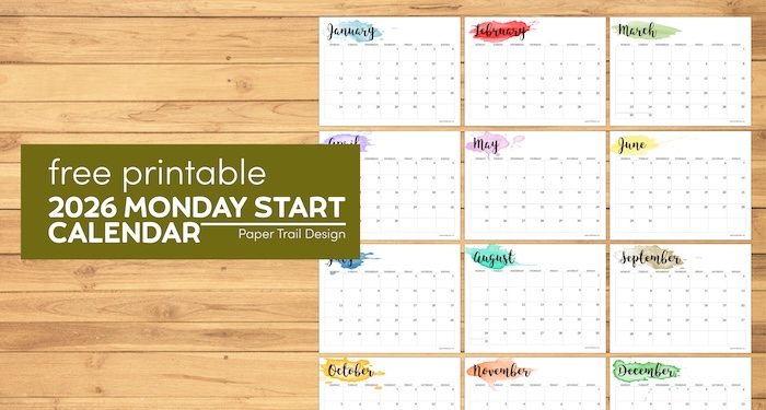 2026 Monday Start Calendar – Printable Watercolor