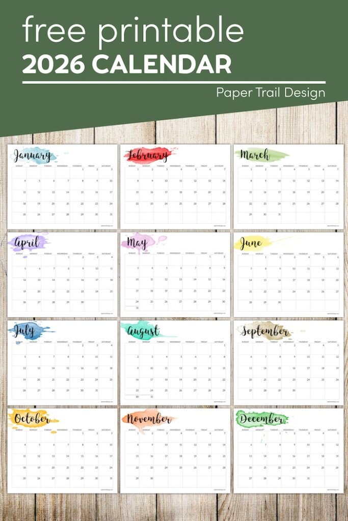 2026 Calendar Printable - Watercolor - Paper Trail Design