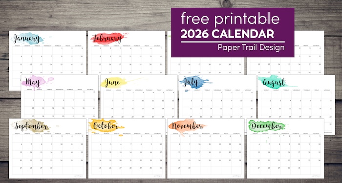 2026 Calendar Printable - Watercolor - Paper Trail Design