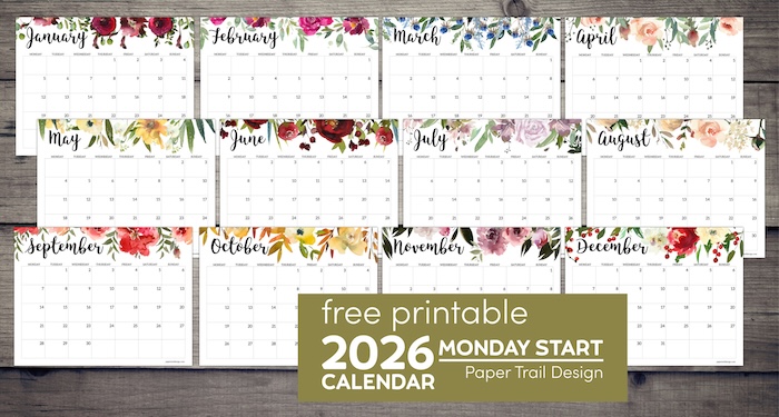 2026 Monday start calendar with floral horizontal pages with text overlay- free printable 2026 Monday start calendar