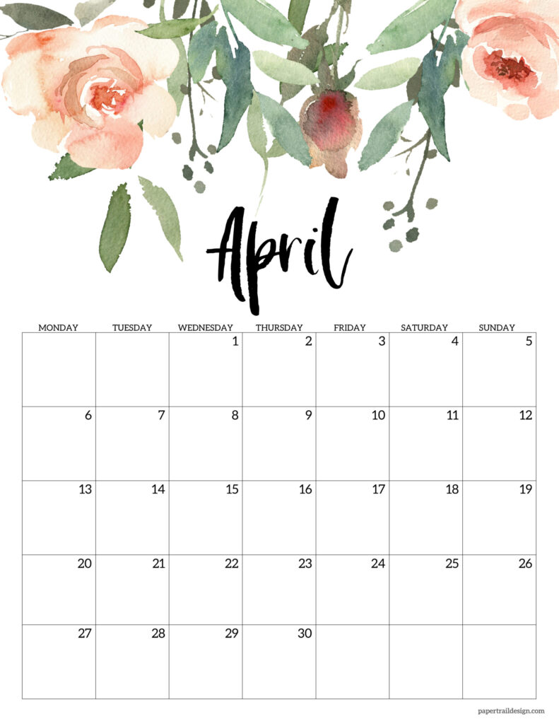 Free Printable 2026 Floral Calendar - Monday Start - Paper Trail Design