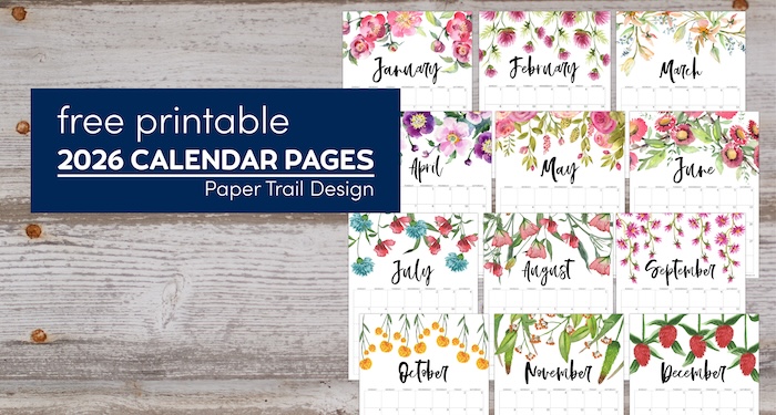 12 month calendar pages for 2026 with beautiful floral design with text overlay free printable 2026 calendar pages