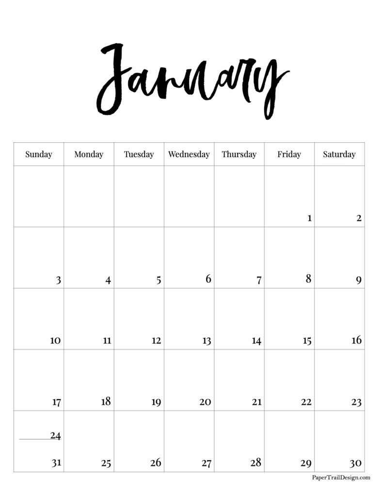 2027 Free Printable Monthly Calendar - Paper Trail Design
