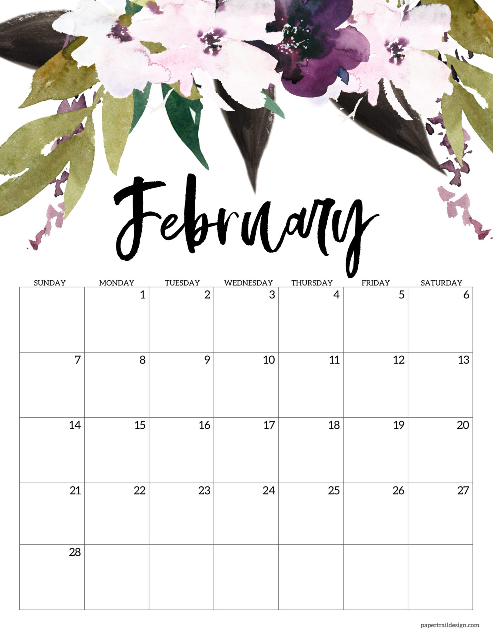 Calendar Rop Floral Printable Monthly Calendar - 2027 - Paper Trail Design