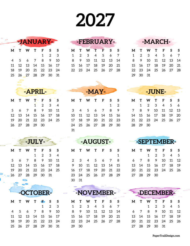 2027 Monday Start Calendar - One Page - Paper Trail Design