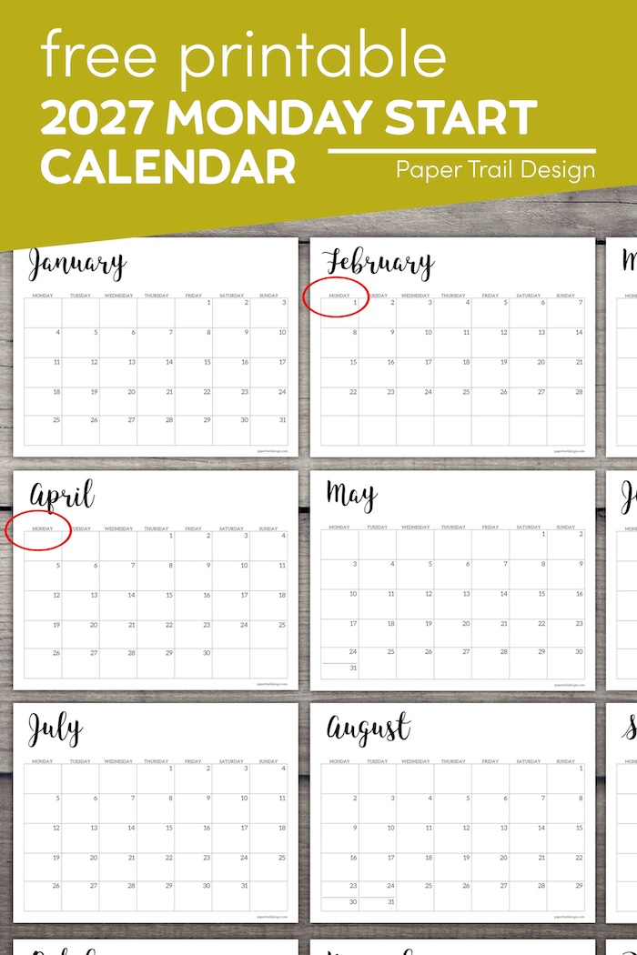 Free Printable 2027 Calendar - Monday Start - Paper Trail Design