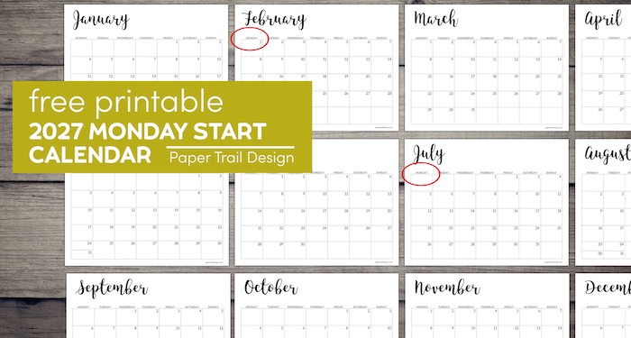 Free Printable 2027 Calendar – Monday Start