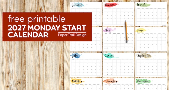 2027 Monday Start Calendar Months – Watercolor