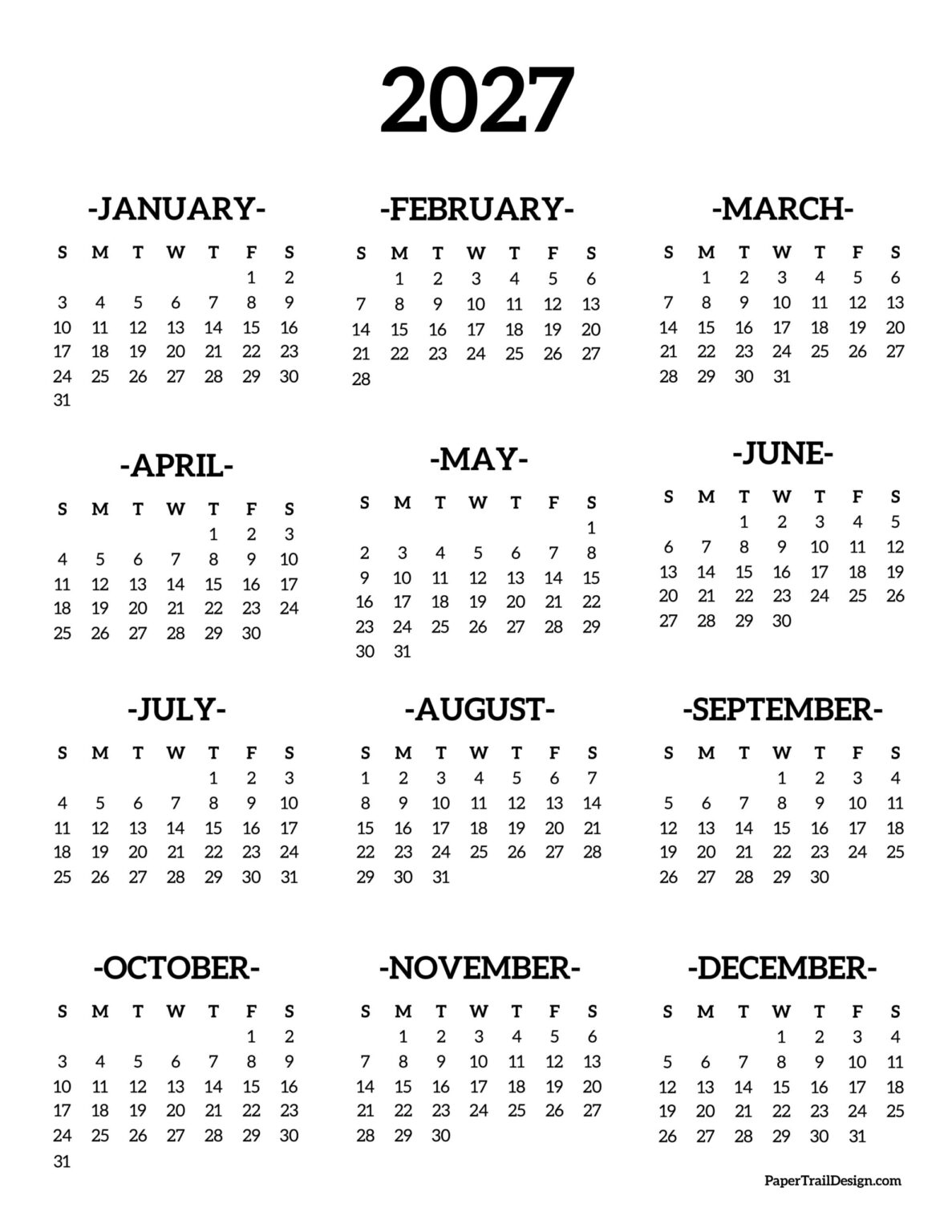 2027 Printable Calendar One Page - Paper Trail Design