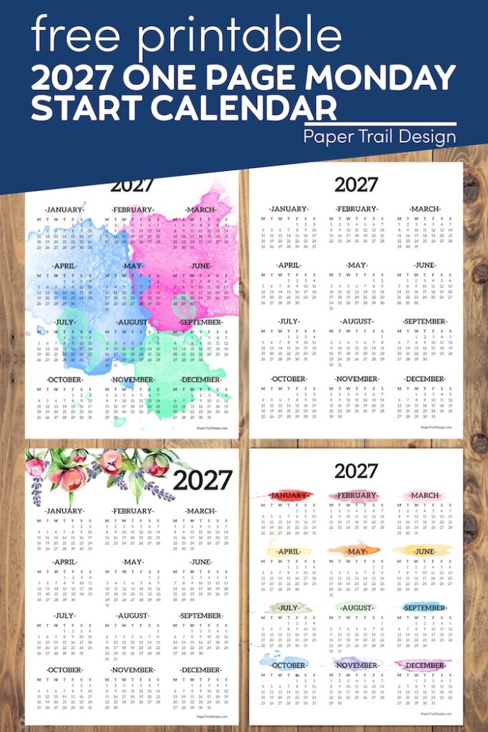 2027 Monday Start Calendar - One Page - Paper Trail Design