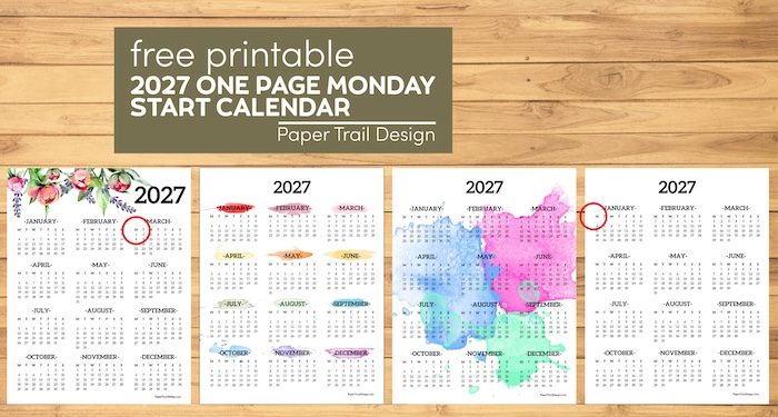 2027 Monday Start Calendar – One Page