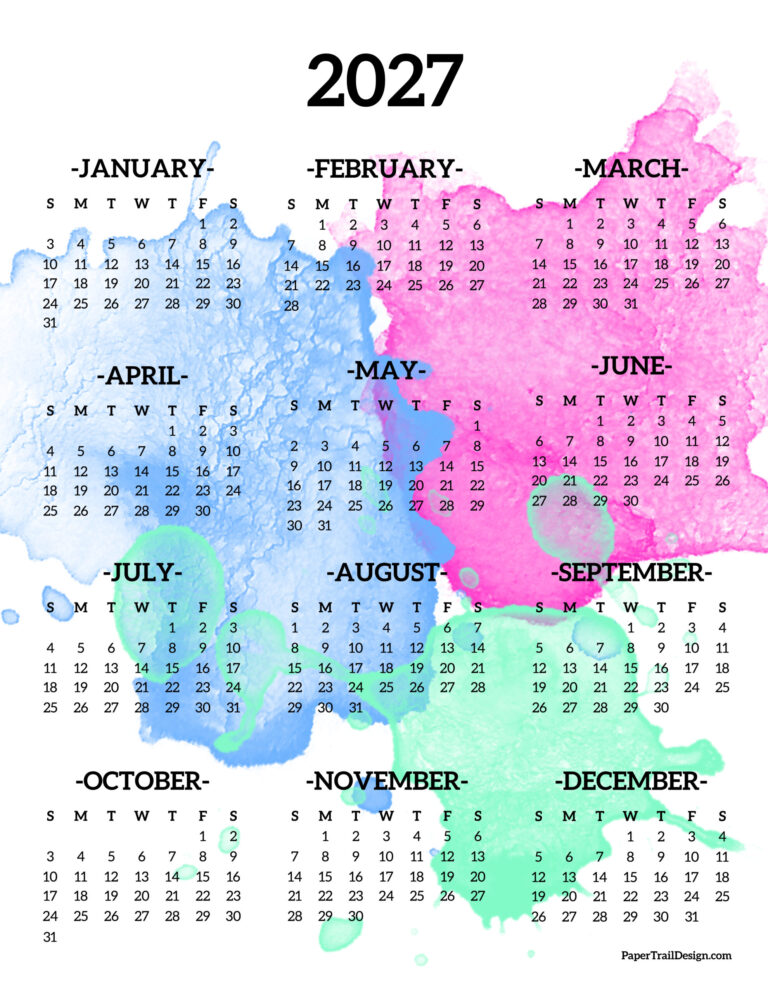 2027 Printable Calendar One Page - Paper Trail Design