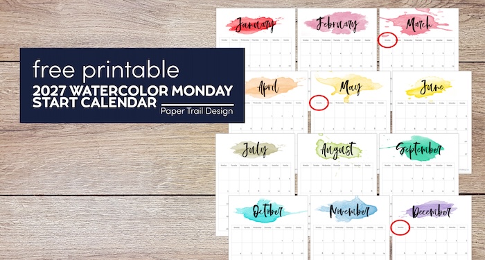 2027 Monday Start Watercolor Calendar