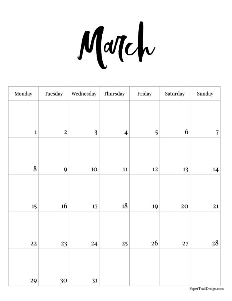 Vertical 2027 Monday Start Calendar - Paper Trail Design