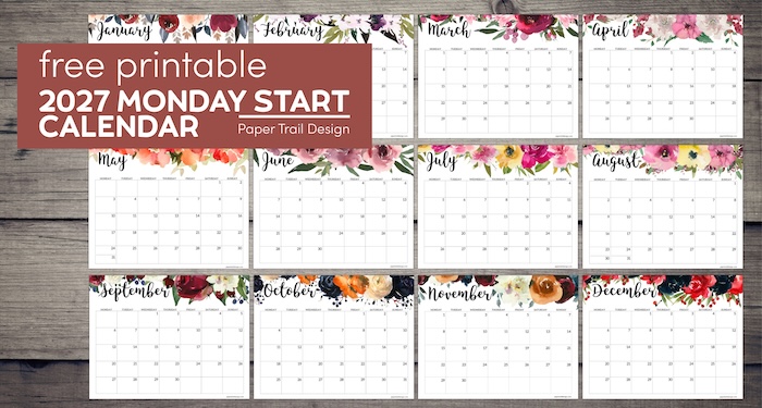 2027 Monday Start Floral Calendar