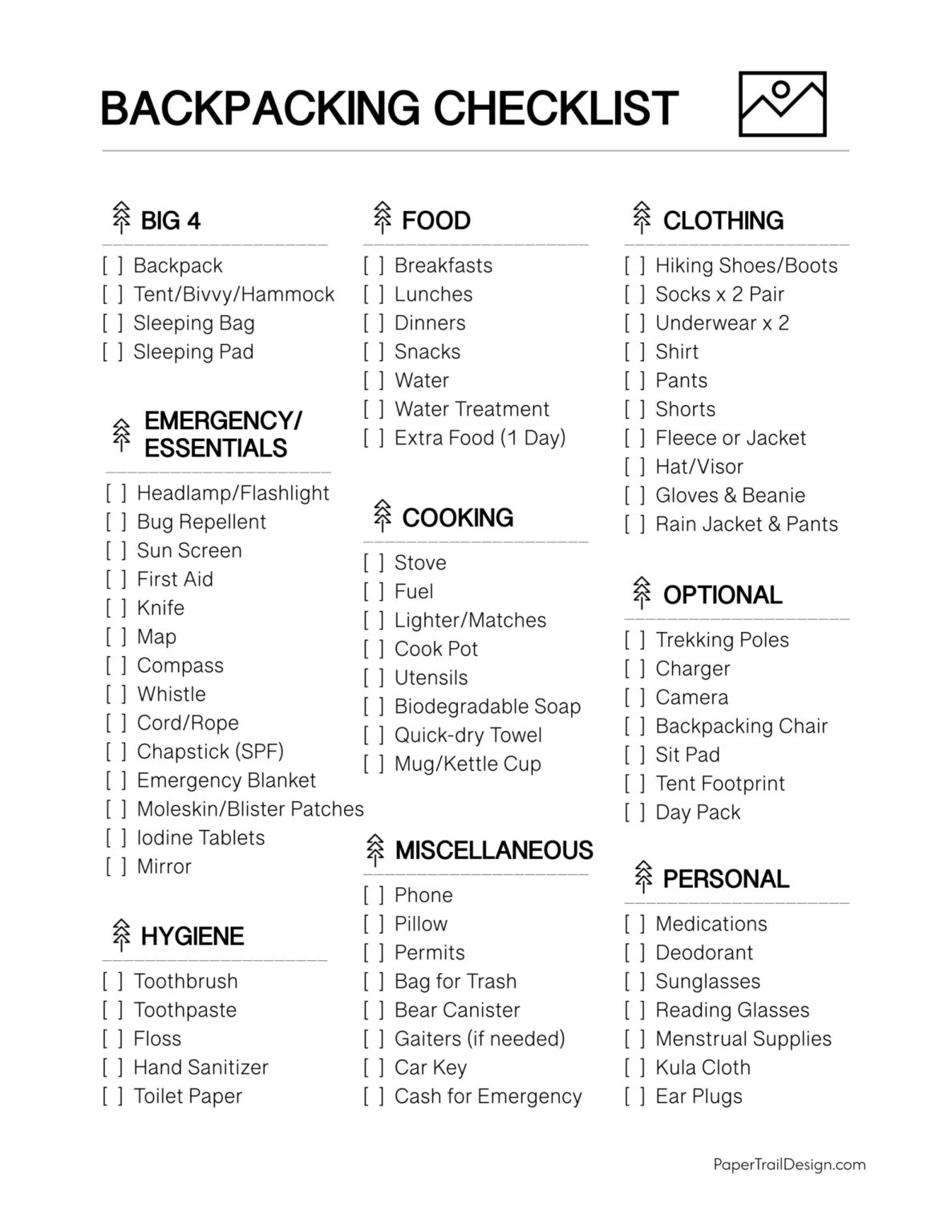 Backpacking Checklist - Paper Trail Design